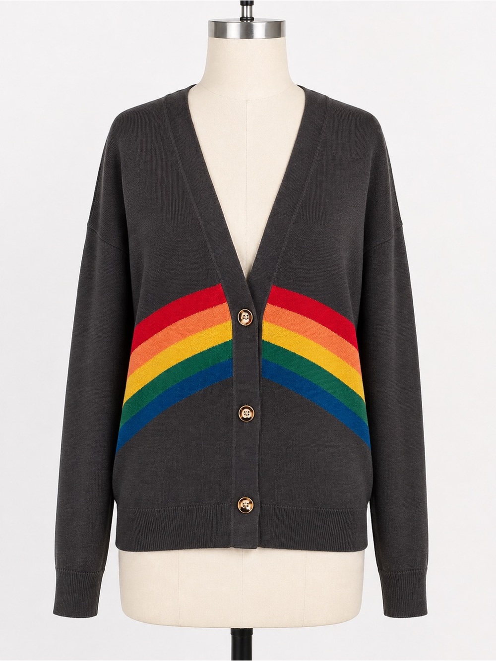Natural Life L/XL Rainbow Cardigan Charcoal Oversized Boho Retro Knit Sweater